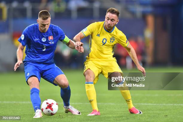 Milan Skriniar Muamer Tankovic during the UEFA European Under-21 match between Slovakia and Sweden at Arena Lublin on June 22, 2017 in Lublin, Poland.