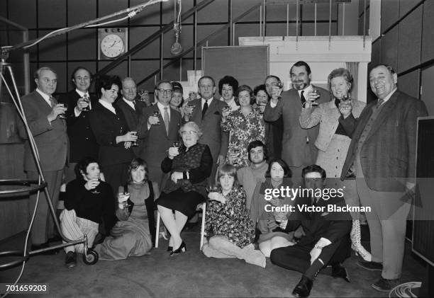 The cast of the radio show 'The Archers' celebrate 21 years on the air, UK, 30th November 1971. The line-up includes cast members Chris Gittins,...