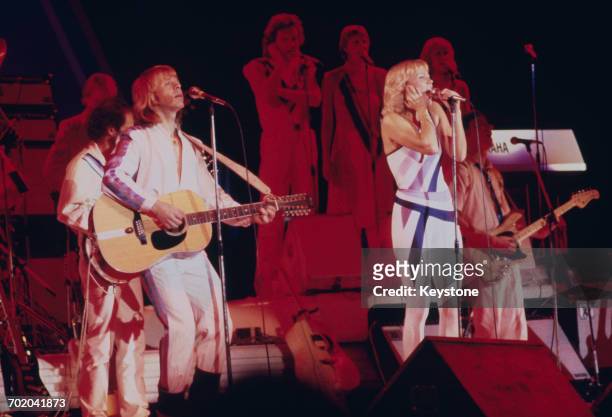 Singers Agnetha Fältskog and Björn Ulvaeus performing with Swedish pop group Abba on their third, and final, tour, 1979.