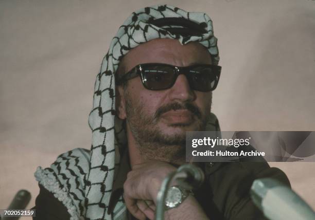 Yasser Arafat , Chairman of the Palestine Liberation Organization, attends the Arab League summit in Rabat, Morocco, 1974.
