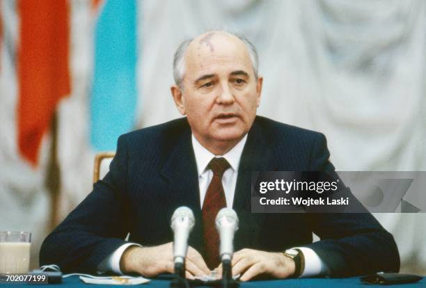 General Secretary of the Communist Party of the Soviet Union Mikhail Gorbachev during French President Francois Mitterrand's visit to the Soviet...