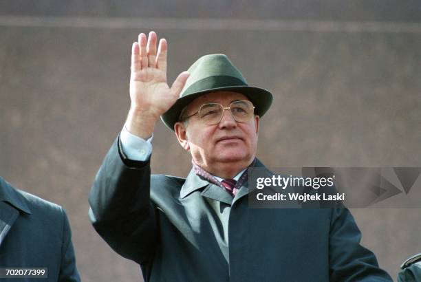 President of the Soviet Union Mikhail Gorbachev during the May 1st parade on Red Square in Moscow, Russia, on 1st May 1991.