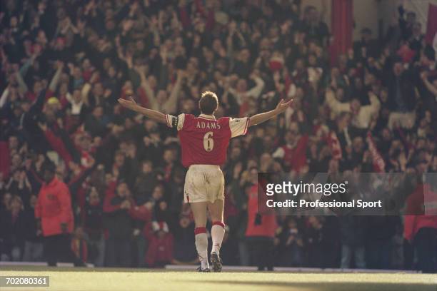 English footballer and defender with Arsenal, Tony Adams celebrates with open arms after scoring a goal in Arsenal's 4-0 Premier League victory over...