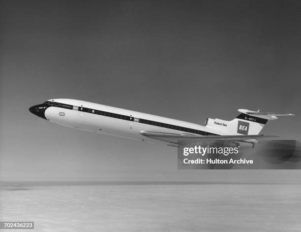 Hawker Siddeley HS 121 Trident 2E medium-range commercial jet airliner for British European Airways registration G-AVFC flying above the United...