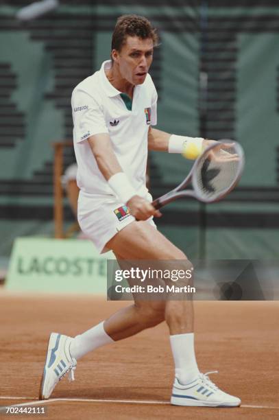 Ivan Lendl of makes a backhand return against Patrik Kuhnen during the Men's Singles first round match at the French Open Tennis Championship on 29...