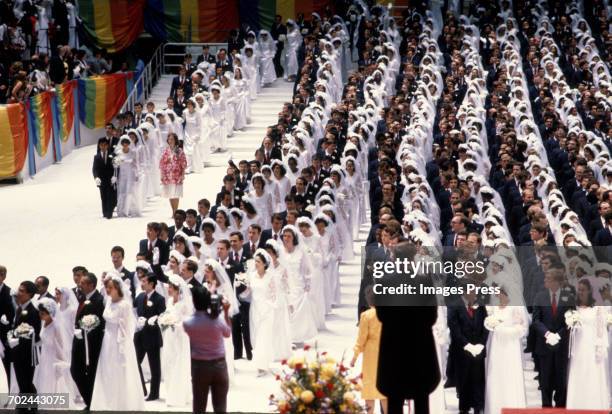 Mass Marriage Blessing Ceremony performed by the Unification Church at Madison Square Garden circa 1982 in New York City.