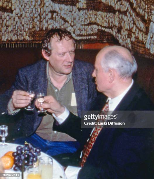 1990s: former President of the Soviet Union Mikhail Gorbachev and editor in chief of the Polish newspaper 'Gazeta Wyborcza' Adam Michnik in Warsaw,...