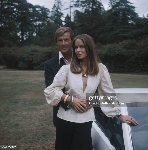 Actors Barbara Bach and Roger Moore, stars of the James Bond film 'The Spy Who Loved Me', at Pinewood, UK, 1977.