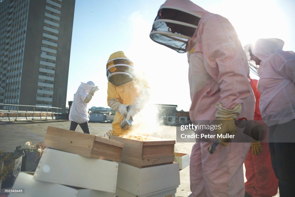 Male and female beekeepers using bee smoker on city rooftop