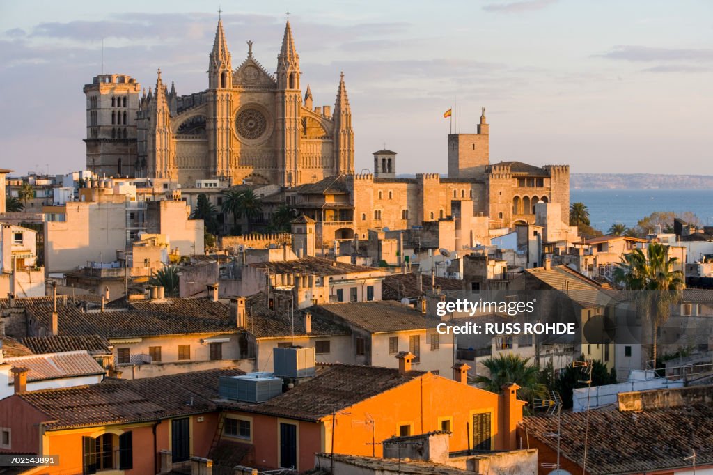 Cityscape with La Seu Cathedral and rooftops, Palma de Mallorca , Majorca, Spain