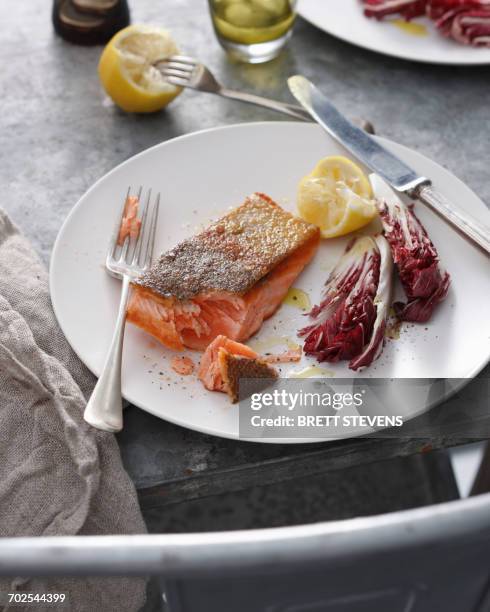 crispy skin trout with lemon and radicchio on plate, close-up - radicchio stock pictures, royalty-free photos & images