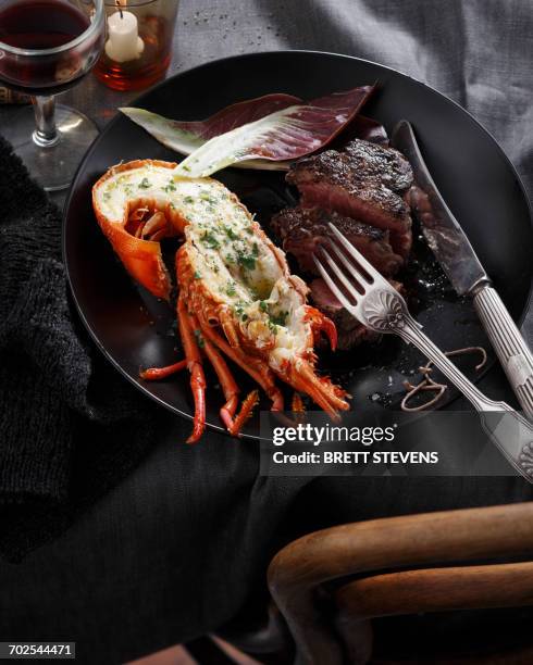 lobster and steak, surf and turf, close-up - hummer bildbanksfoton och bilder