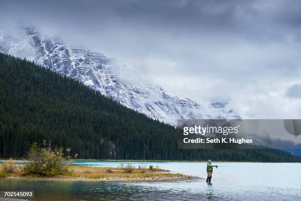 man fly fishing in lake by snow capped mountains, banff, alberta, canada - seth fisher stock pictures, royalty-free photos & images