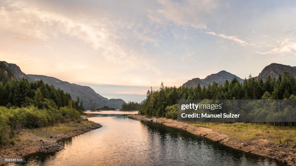 Forest, lake and mountain landscape at dusk, Strathcona-Westmin Provincial Park, Vancouver Island, British Columbia, Canada