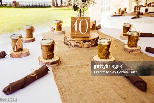 wedding table with rustic place settings, outdoors - gratitude jar stock pictures, royalty-free photos & images