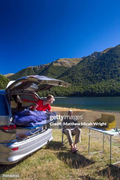 a campsite along the mavora lake. - southland new zealand stock pictures, royalty-free photos & images