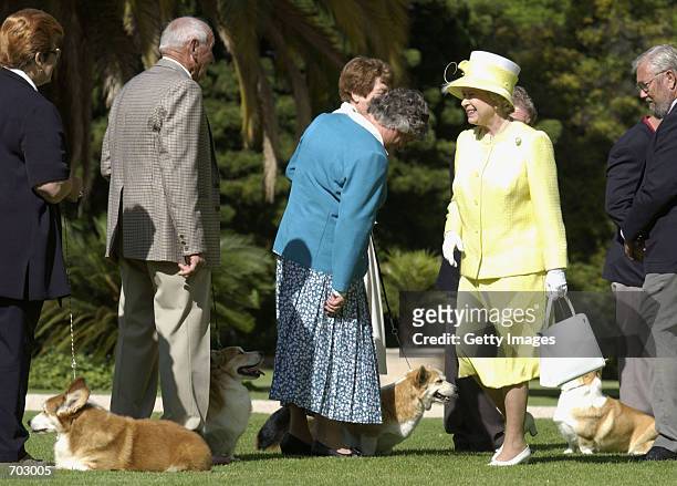 Britains Queen Elizabeth II meets members of the Adelaide Hills Kennel Club and their Corgis in the gardens of the Government House February 28, 2002...