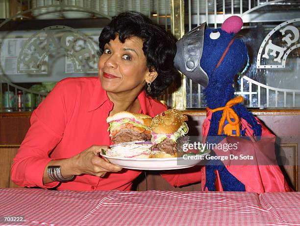 Actress Sonia Manzano who plays Maria Rodriquez on the childrens television show "Sesame Street" and the Muppet Grover lauch the new "Super Grover"...