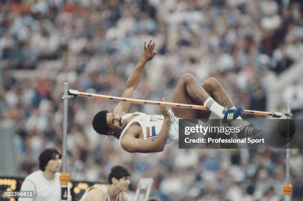 Daley Thompson of Great Britain competes in the high jump discipline on the first day of the decathlon competition at the 1980 Summer Olympics in the...