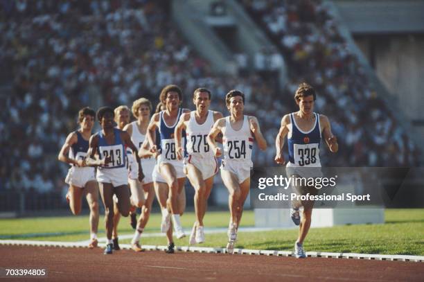 View of athletes competing in the final of the 1500 metres event at the 1980 Summer Olympics, with from left, Vittorio Fontanella of Italy, Jose...