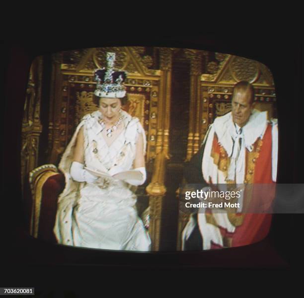 The televisation of the State Opening Of Parliament in the House of Lords, London, 2nd July 1970. Queen Elizabeth II makes the Queen's Speech, with...