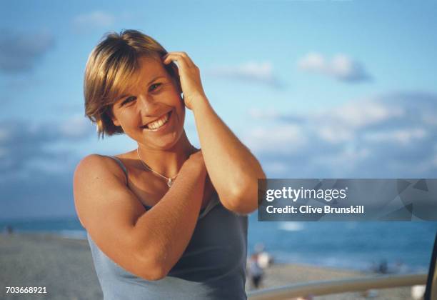 Anke Huber of Germany poses for a portrait on South Beach Miami during the ATP Lipton Tennis Championship on 26 March 1999 in Miami, Florida, United...