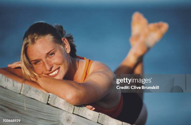 Barbara Schett of Austria poses for a portrait on the beach in Key Biscayne during the ATP Lipton Tennis Championship on 12 March 1999 in Key...