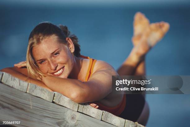 Barbara Schett of Austria poses for a portrait on the beach in Key Biscayne during the ATP Lipton Tennis Championship on 12 March 1999 in Key...