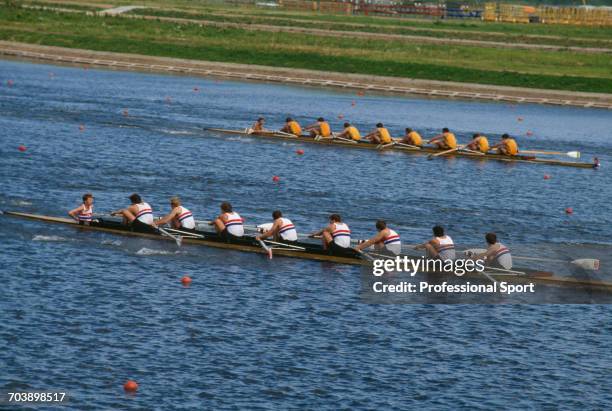 View of the Great Britain men's eights rowing team pictured during competition to win the silver medal in the Men's eights event at the 1980 Summer...