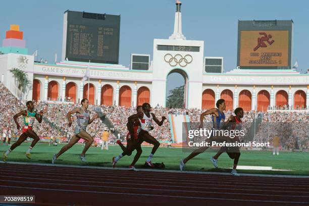View of athletes, from left to right, Moussa Fall of Senegal, Steve Ovett of Great Britain, eventual bronze medal winner Earl Jones of United States,...