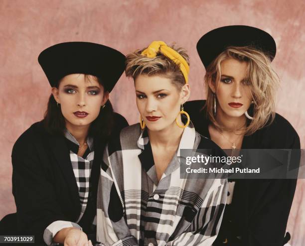 British female pop vocal group, Bananarama, London September 1984. Left to right: Keren Woodward, Siobhan Fahey and Sara Dallin.