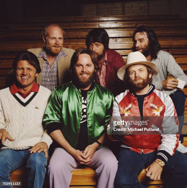 American rock and pop group The Beach Boys in Oslo, Norway, 1982. Back row, left to right: Mike Love, Brian Wilson and Dennis Wilson . Front row,...