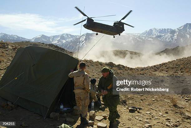 Army soldiers of the 10th Mountain Division and a Canadian Army officer from the Princess Patricias Light Infantry Battalion stand nearby as a U.S....