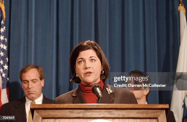 Massachusetts acting Governor Jane Swift speaks March 19, 2002 during a press conference where she announced she is dropping out of the race for...