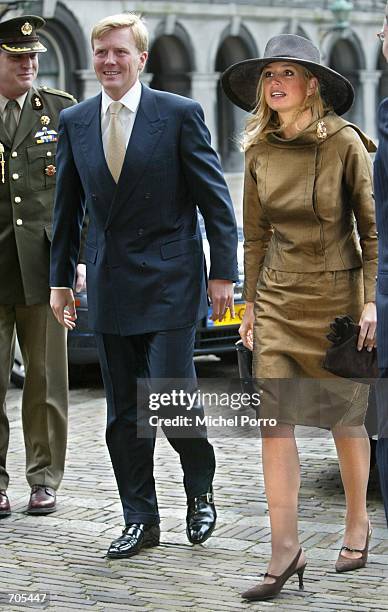 Dutch Crown Prince Willem Alexander and Princess Maxima arrive at the Dutch East Indies Companys 400th anniversary celebration March 20, 2002 in The...