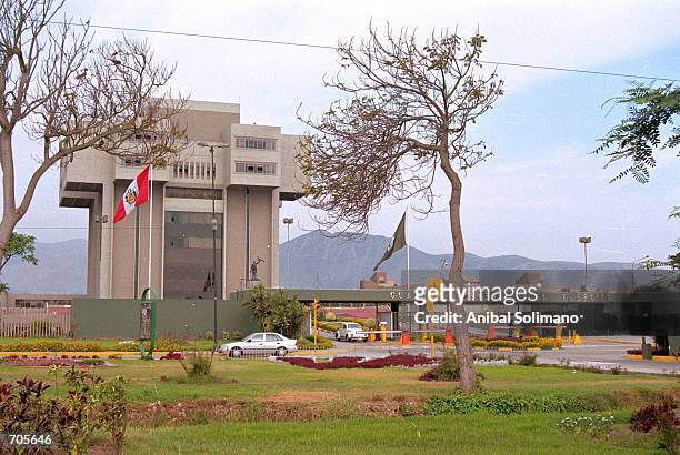 Flags fly in front of Peruvian intelligence headquarters, called "Pentagonito" or "Little Pentagon" March 5, 2002 in Lima, Peru. Peruvian...