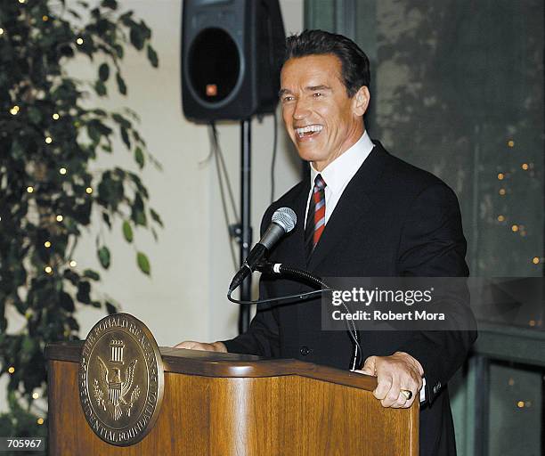 Actor Arnold Schwarzenegger speaks before presenting a bronze sculpted Ronald Reagan bust created by artist Robert Berks, at the Ronald Reagan...