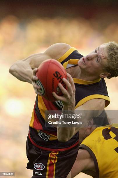 Brett Burton for Adelaide twists around to hold a mark ahead of Jonathon Hay for Hawthorn in the match between the Adelaide Crows and the Hawthorn...