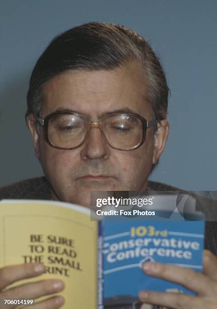 British politician Kenneth Baker, the Secretary of State for Education and Science, at the Conservative Party Conference in Brighton, UK, October...