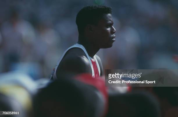 American track athlete Carl Lewis pictured prior to competition for the United States team in the Men's 100 metres event inside the Olympic Stadium...