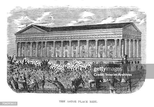 Illustration depicting the Astor Place Riots in which supporters of actors Edwin Forrest and William Macready fought against each other, New York...