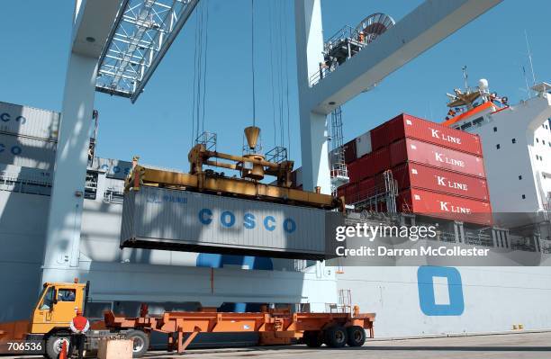 Cargo is unloaded off of the Chinese freighter Zhen He as it is docked at Conley Terminal March 21, 2002 in South Boston, MA. The Zhen He, owned by...