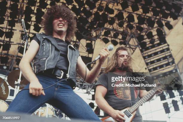 Vocalist Paul Mario Day and guitarist Kenny Cox of heavy metal group More perform live on stage at the Monsters of Rock festival at Donington Park,...