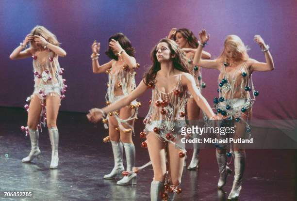 British TV dance troupe Pan's People performing, January 1974. Left to right: Patricia 'Dee Dee' Wilde, Ruth Pearson, Cherry Gillespie, Louise Clarke...