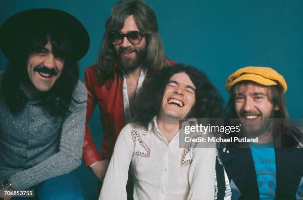 Scottish rock group Nazareth posed in London circa 1974. The band members are from left to right: guitarist Manny Charlton, drummer Darrell Sweet ,...