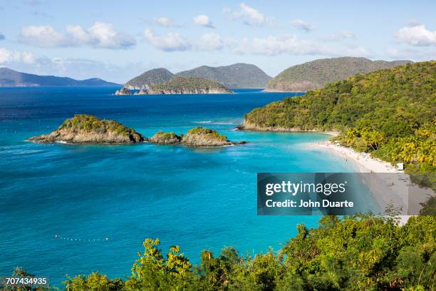 lush hillsides near tropical ocean - st. john stock pictures, royalty-free photos & images