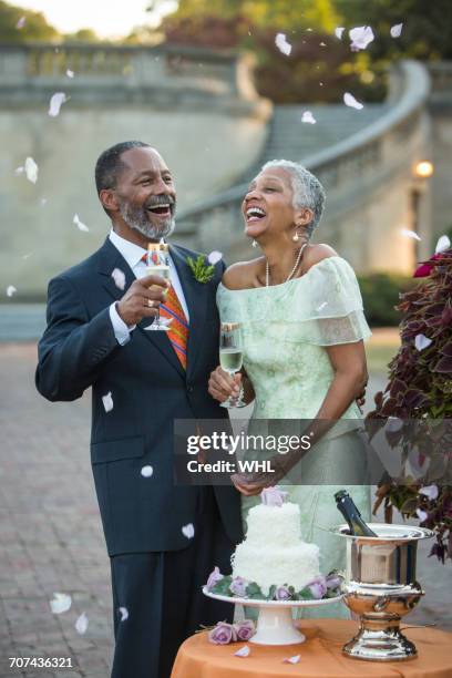 flower petals falling on black newlyweds - wedding fall stock pictures, royalty-free photos & images