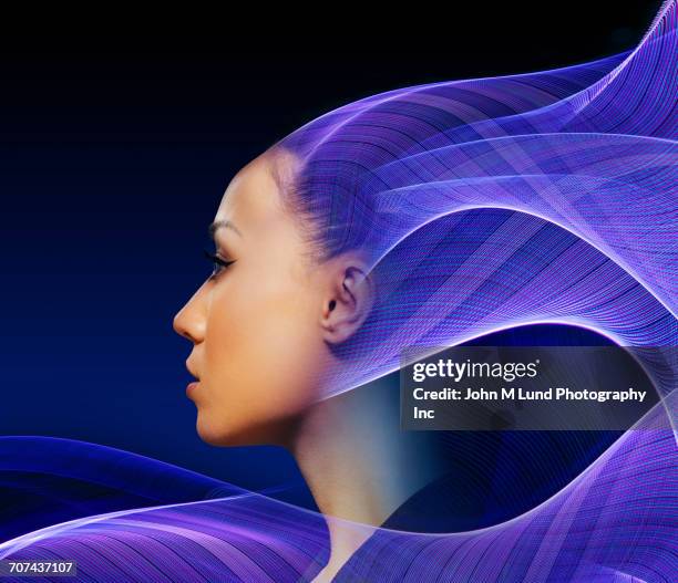 flowing light waves from profile of mixed race woman - digital composite stock-grafiken, -clipart, -cartoons und -symbole