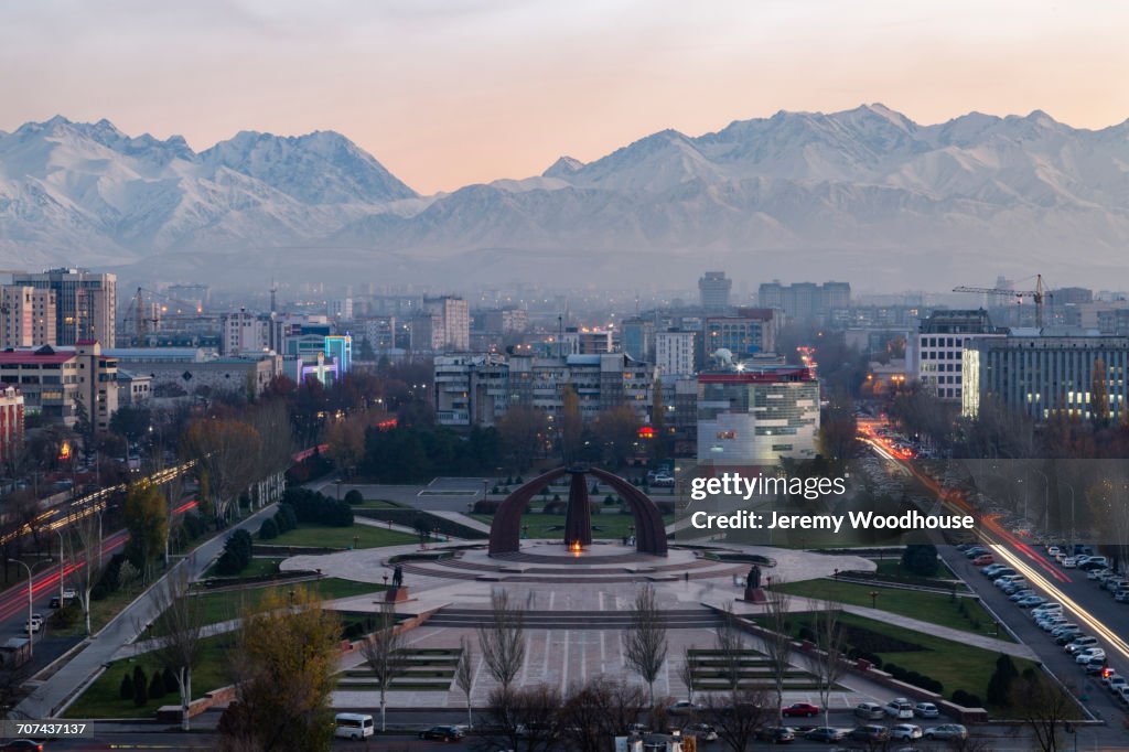 Victory Square near Kyrgyz Range at dusk, Bishkek, Frunze, Kyrgyzstan