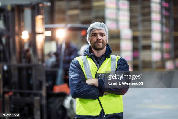 portrait of confident warehouseman - haarnet stockfoto's en -beelden